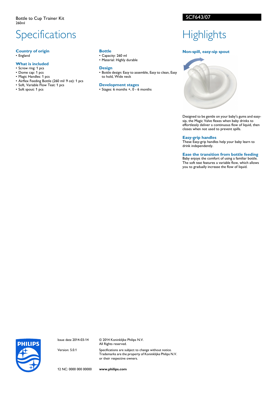 Specifications, Highlights | Philips SCF643-07 User Manual | Page 2 / 2