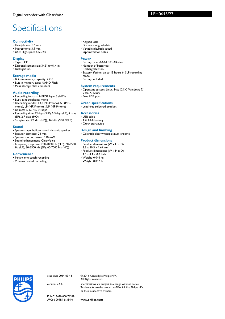 Specifications | Philips LFH0615-27 User Manual | Page 3 / 3