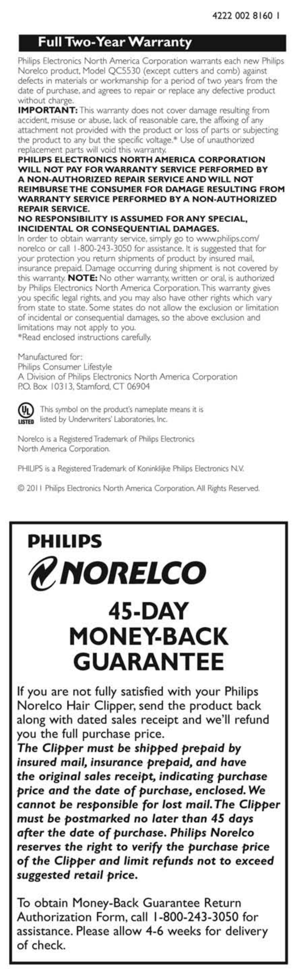 Norelco, Day money-back guarantee, Philips | Full two-year warranty | Philips QC5530-15 User Manual | Page 11 / 11