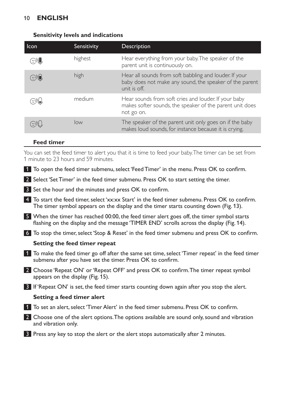Philips AVENT Audio Monitors DECT Baby Monitor SCD570-10 Advanced monitoring Vibration alert User Manual | Page 10 / 40