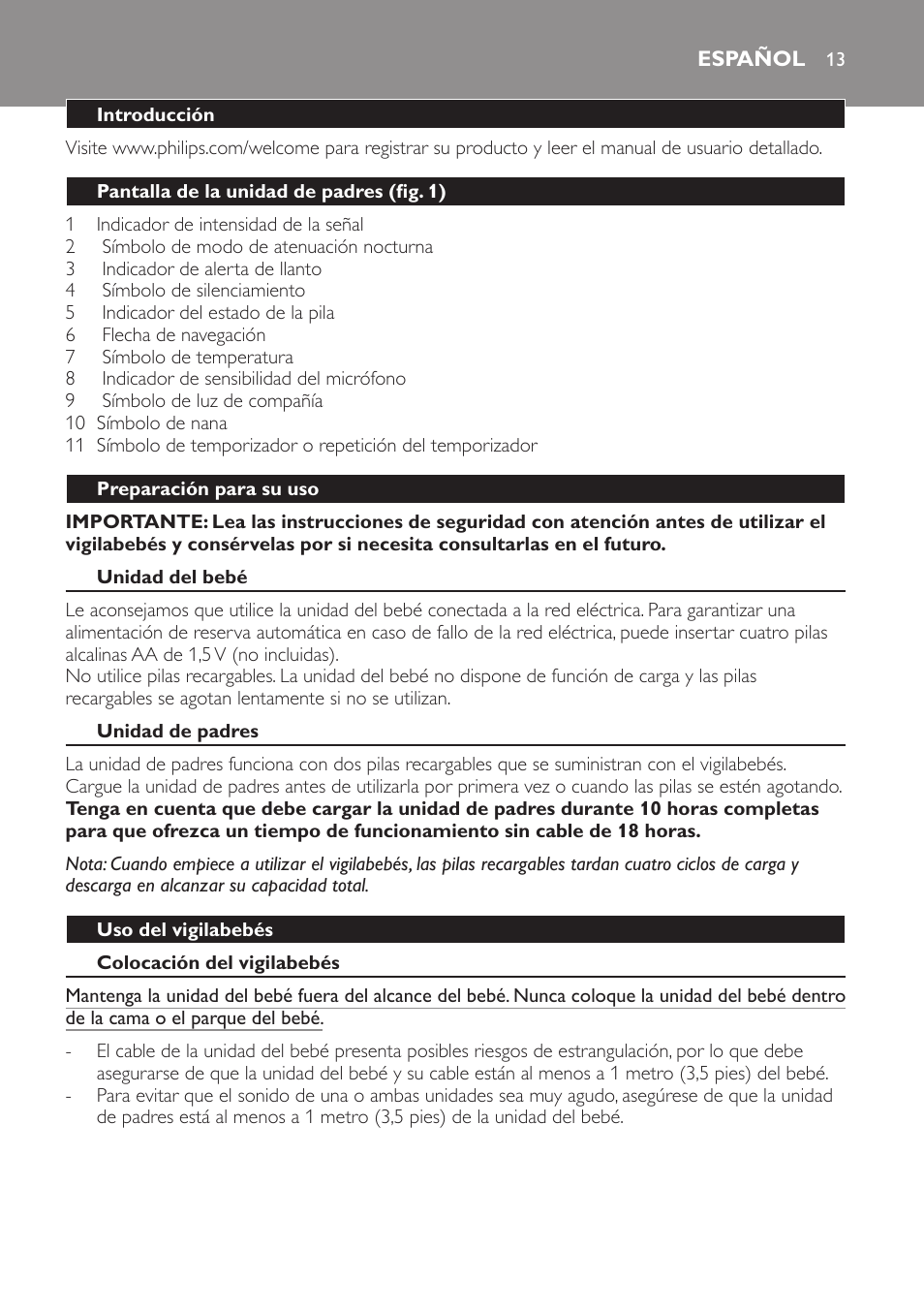 Español | Philips AVENT Audio Monitors DECT Baby Monitor SCD570-10 Advanced monitoring Vibration alert User Manual | Page 13 / 40