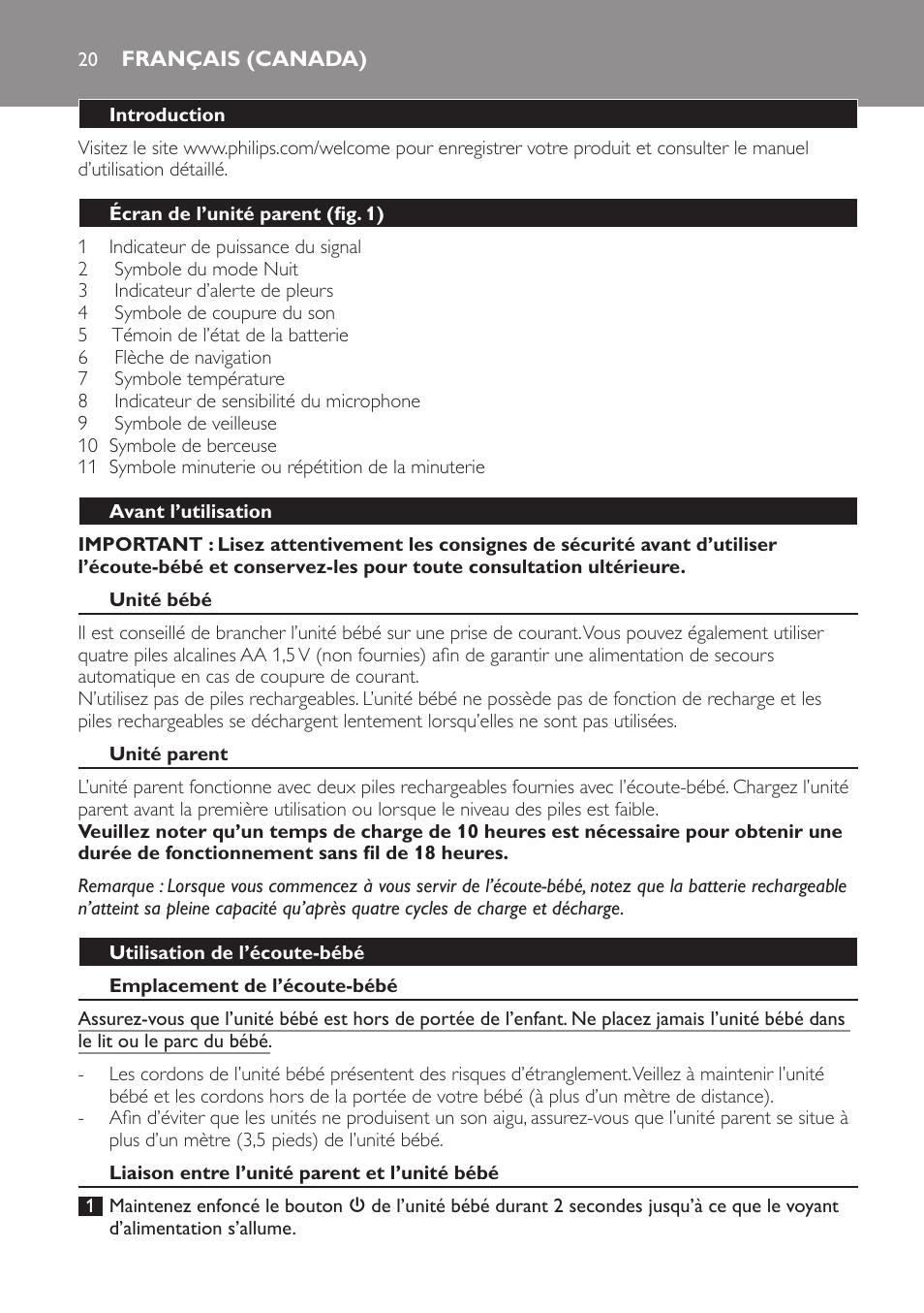 Français (canada), Français (cana | Philips AVENT Audio Monitors DECT Baby Monitor SCD570-10 Advanced monitoring Vibration alert User Manual | Page 20 / 40