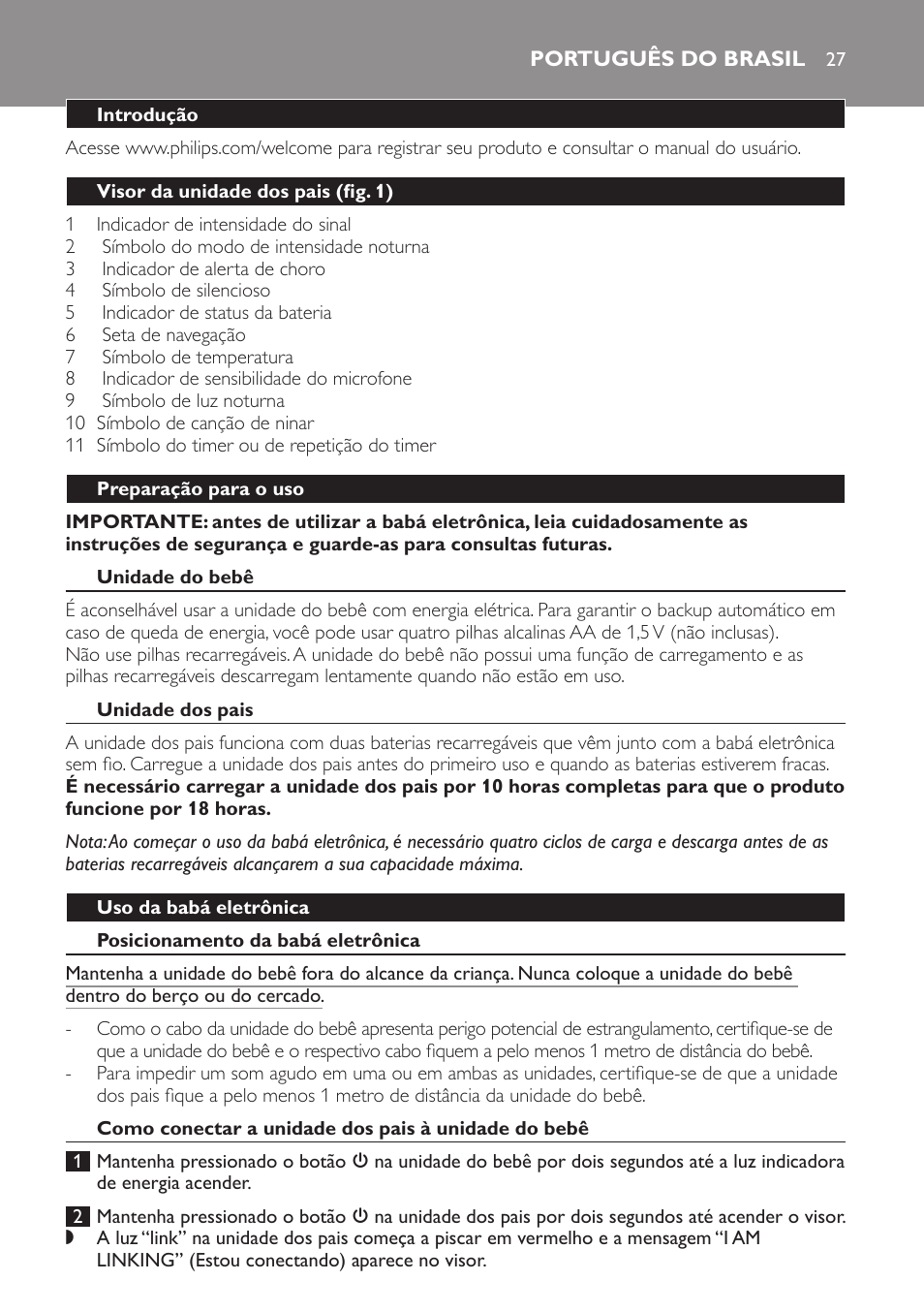 Português do brasil, Português | Philips AVENT Audio Monitors DECT Baby Monitor SCD570-10 Advanced monitoring Vibration alert User Manual | Page 27 / 40