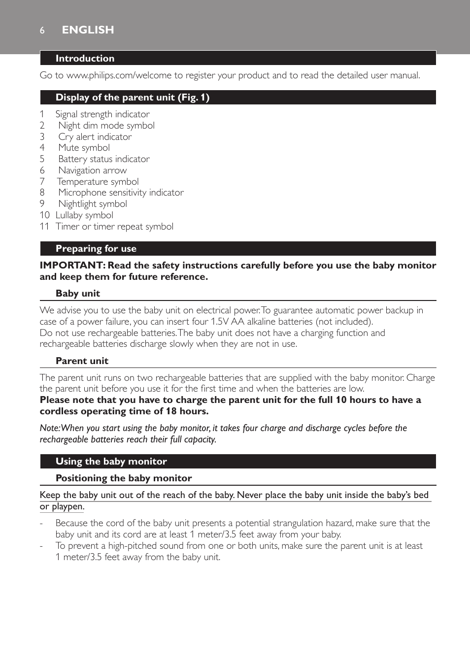 English | Philips AVENT Audio Monitors DECT Baby Monitor SCD570-10 Advanced monitoring Vibration alert User Manual | Page 6 / 40