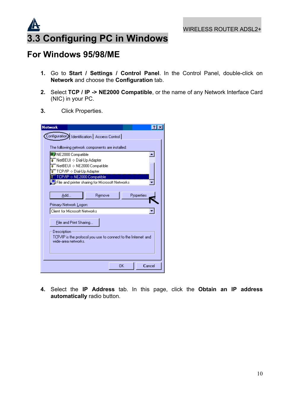 3 configuring pc in windows, For windows 95/98/me | Atlantis Land A02-RA241-W54 User Manual | Page 16 / 86