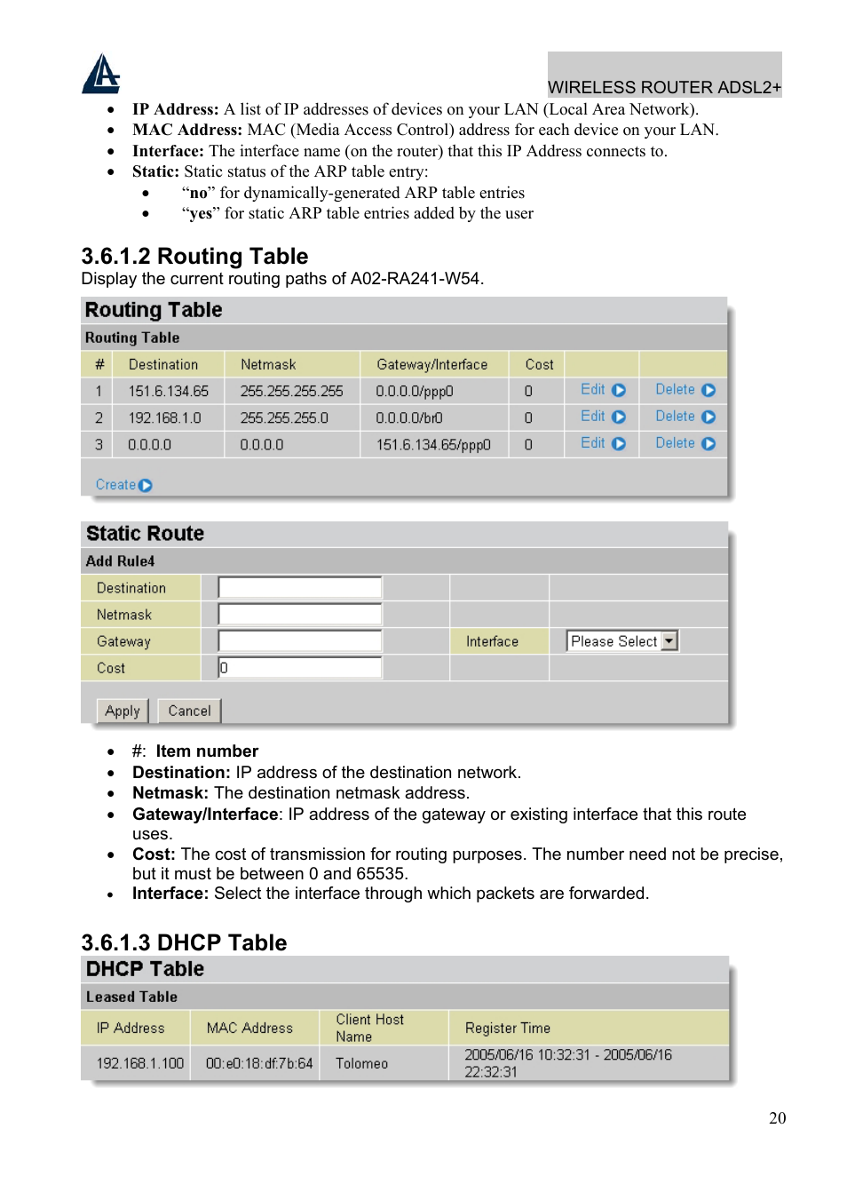 2 routing table, 3 dhcp table | Atlantis Land A02-RA241-W54 User Manual | Page 26 / 86