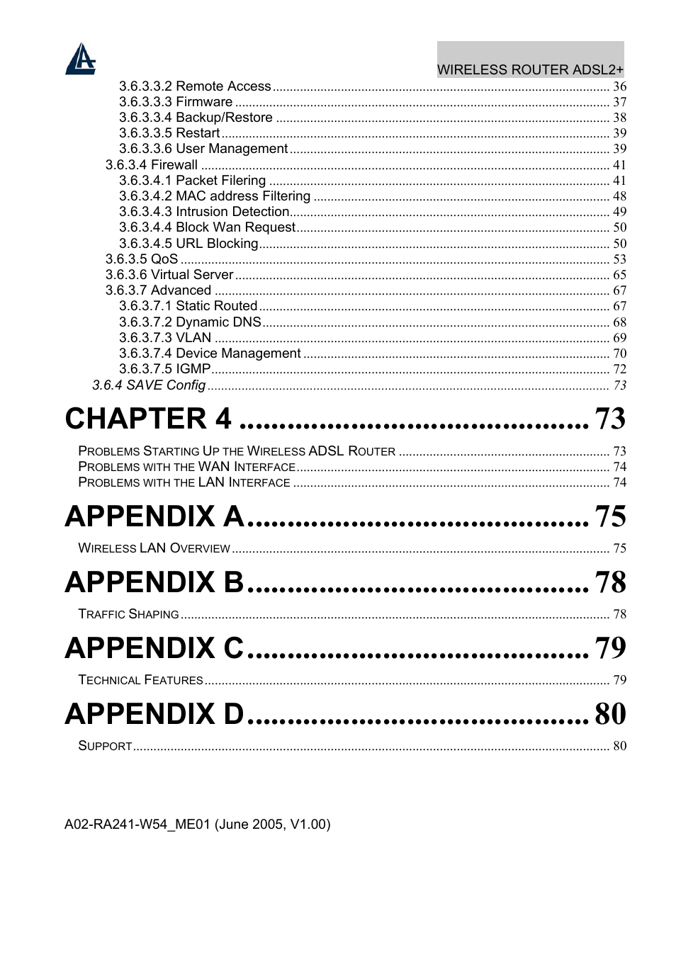 Chapter 4, Appendix a, Appendix b | Appendix c, Appendix d | Atlantis Land A02-RA241-W54 User Manual | Page 5 / 86