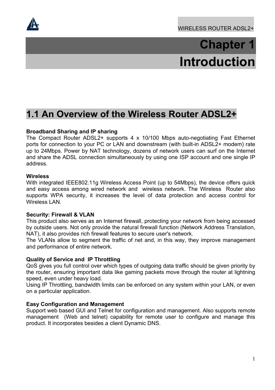 Introduction, Chapter 1, 1 an overview of the wireless router adsl2 | Atlantis Land A02-RA241-W54 User Manual | Page 7 / 86