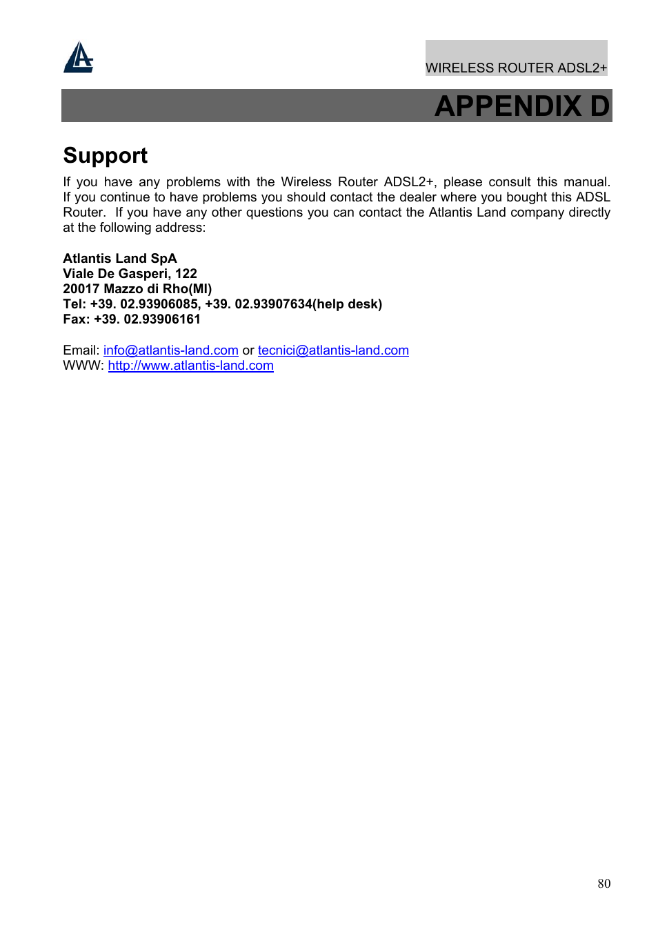 Appendix d, Support | Atlantis Land A02-RA241-W54 User Manual | Page 86 / 86