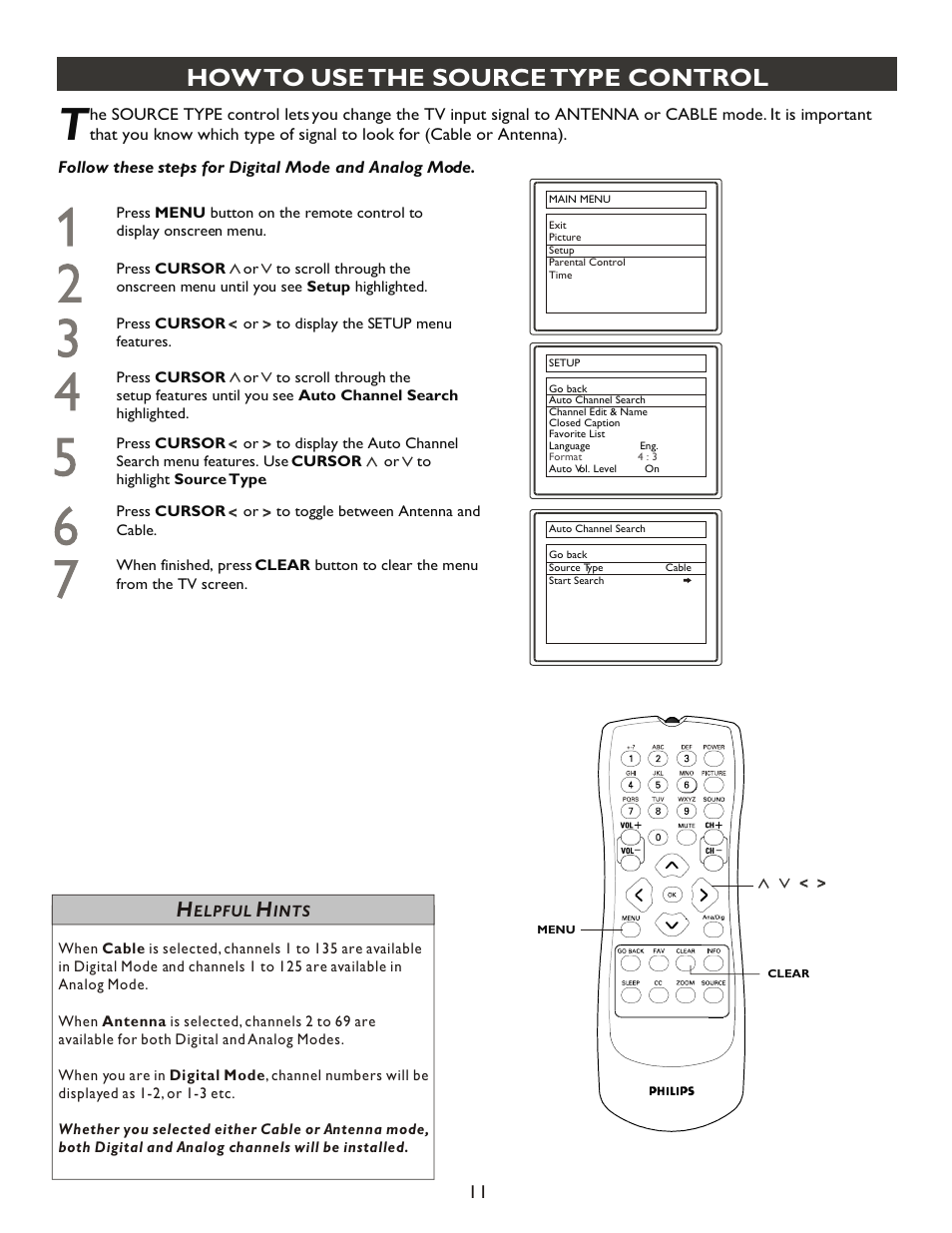 Т³гж 11, How to use the source type control | Philips 20PT9007D-17 User Manual | Page 11 / 34