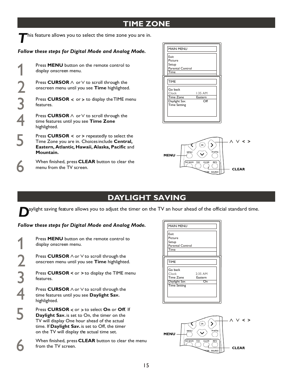 Т³гж 15, Time zone, Daylight saving | Philips 20PT9007D-17 User Manual | Page 15 / 34