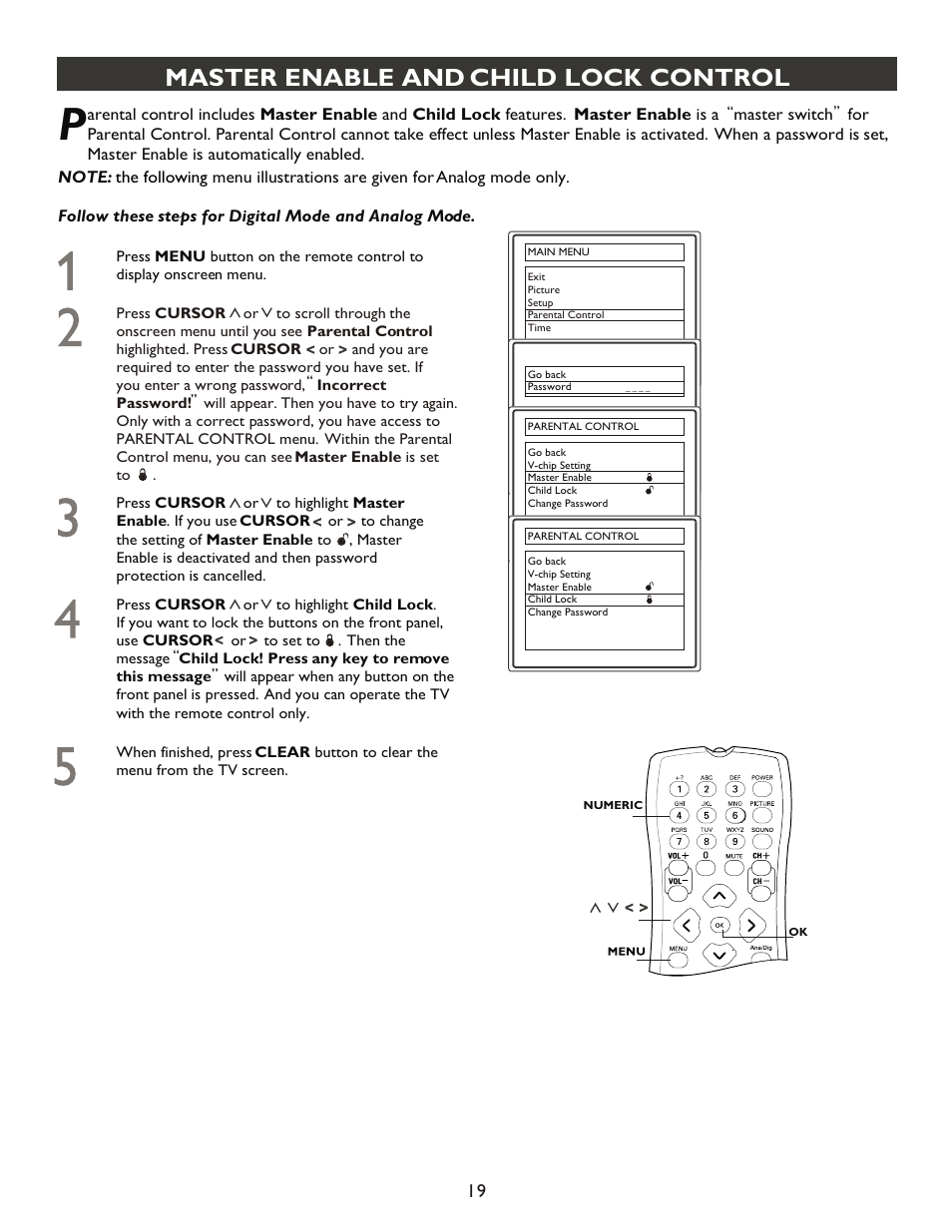 Т³гж 19, Master enable and child lock control | Philips 20PT9007D-17 User Manual | Page 19 / 34