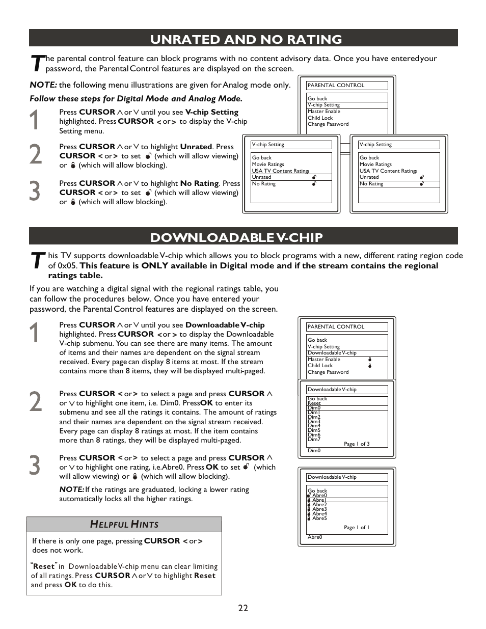 Т³гж 22, Unrated and no rating, Downloadable v-chip | Philips 20PT9007D-17 User Manual | Page 22 / 34