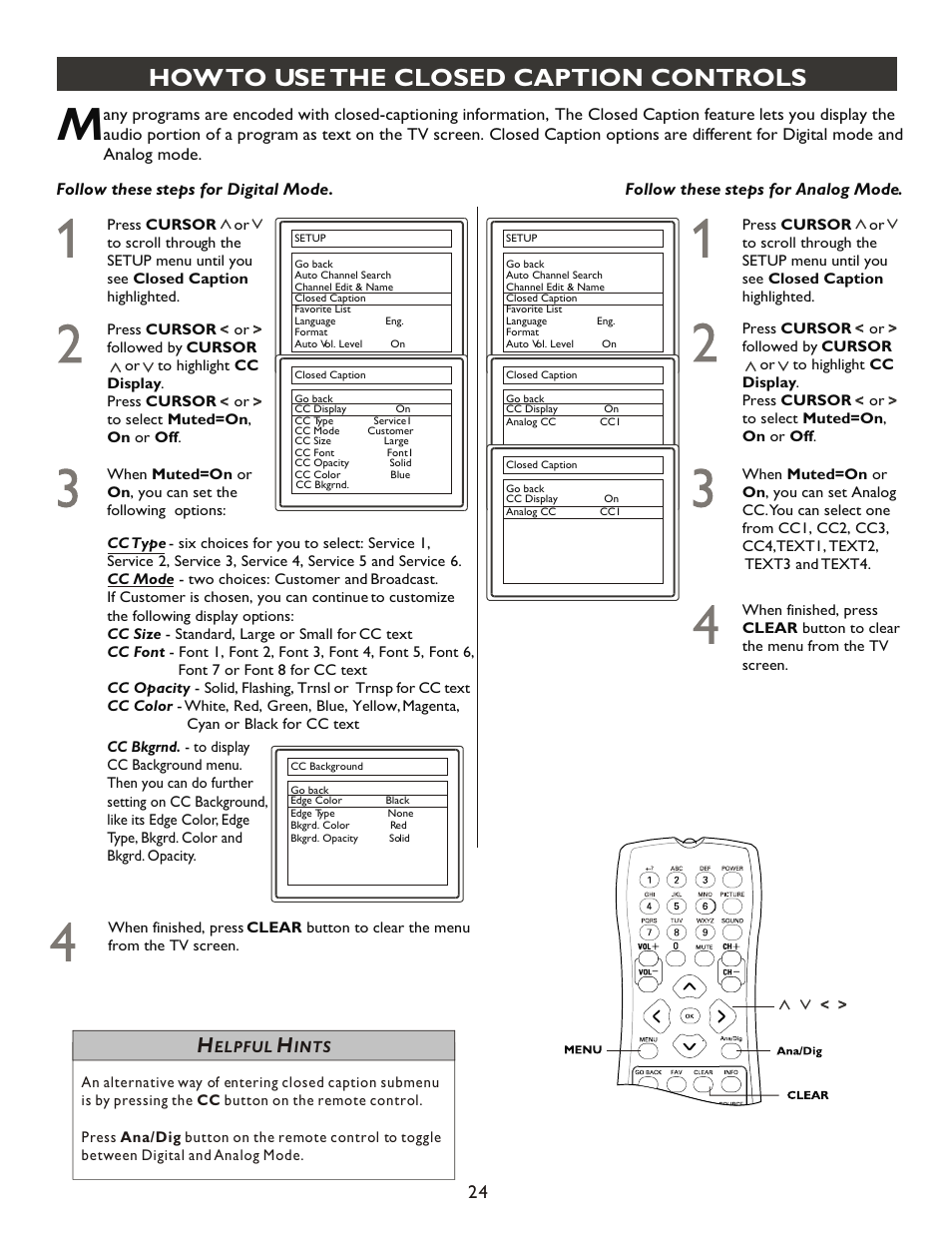 Т³гж 24, How to use the closed caption controls | Philips 20PT9007D-17 User Manual | Page 24 / 34