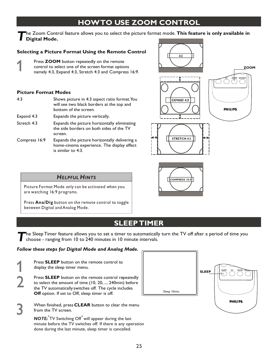 Т³гж 25, Sleep timer, How to use zoom control | Philips 20PT9007D-17 User Manual | Page 25 / 34