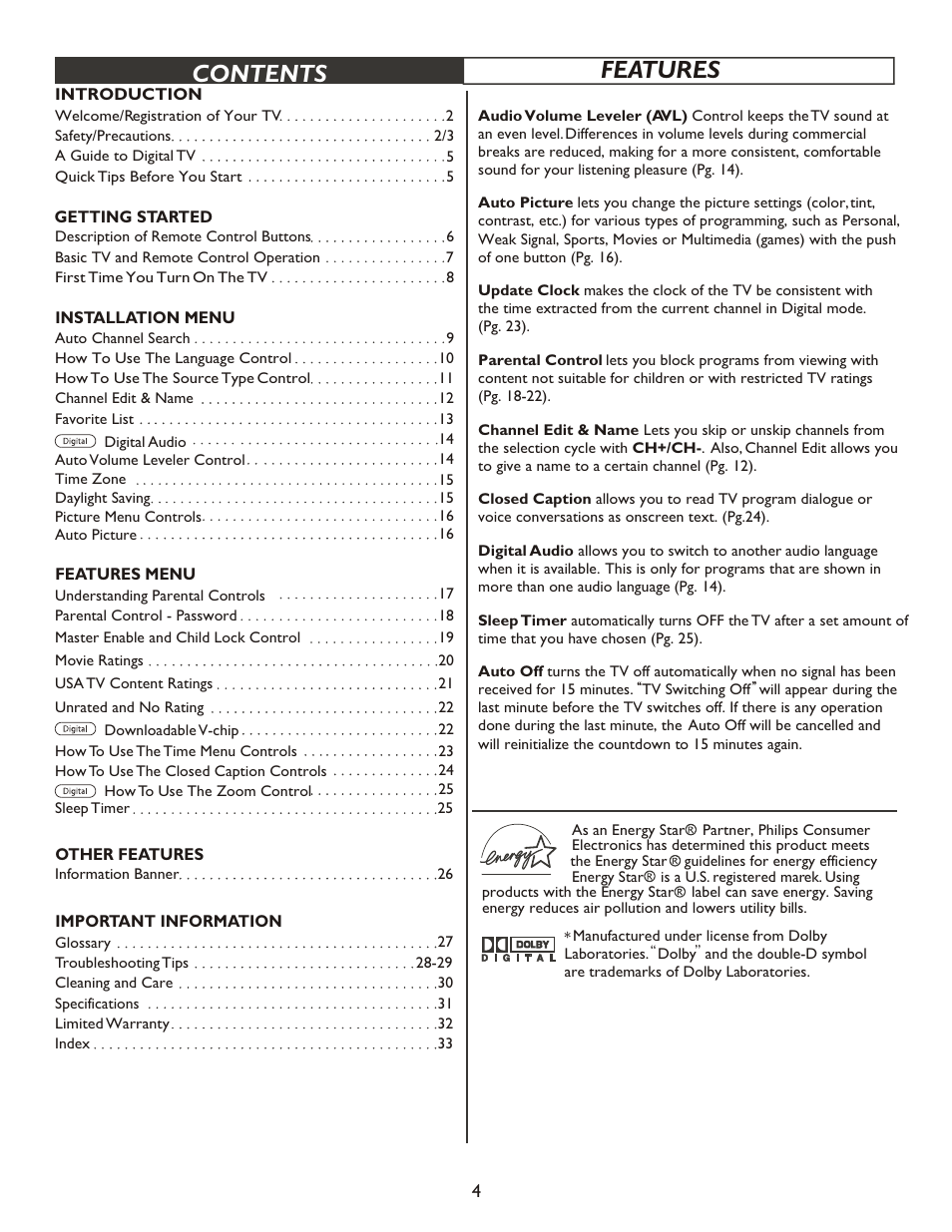 Т³гж 4, Contents features | Philips 20PT9007D-17 User Manual | Page 4 / 34