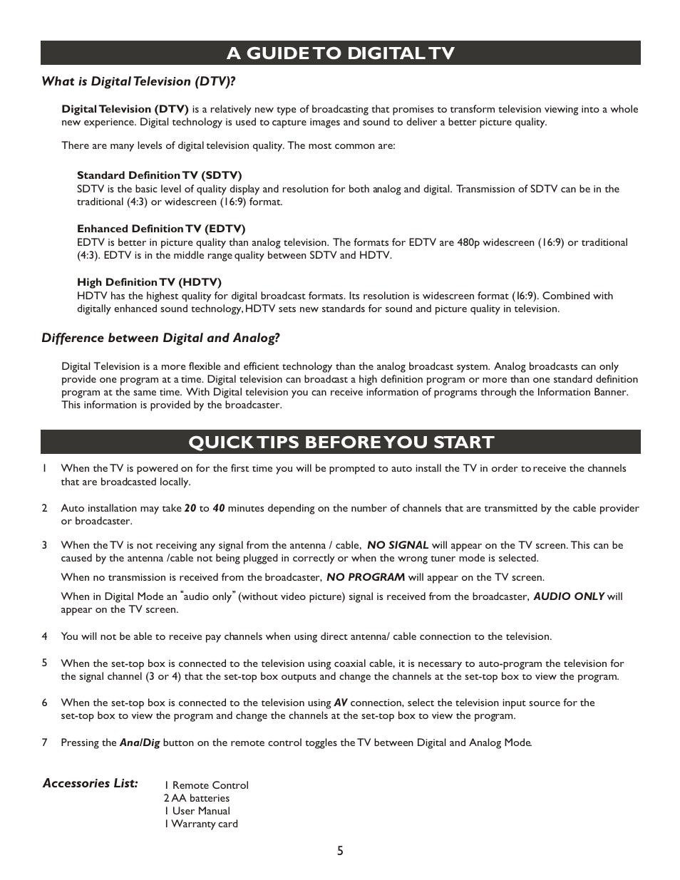Т³гж 5, A guide to digital tv, Quick tips before you start | Philips 20PT9007D-17 User Manual | Page 5 / 34