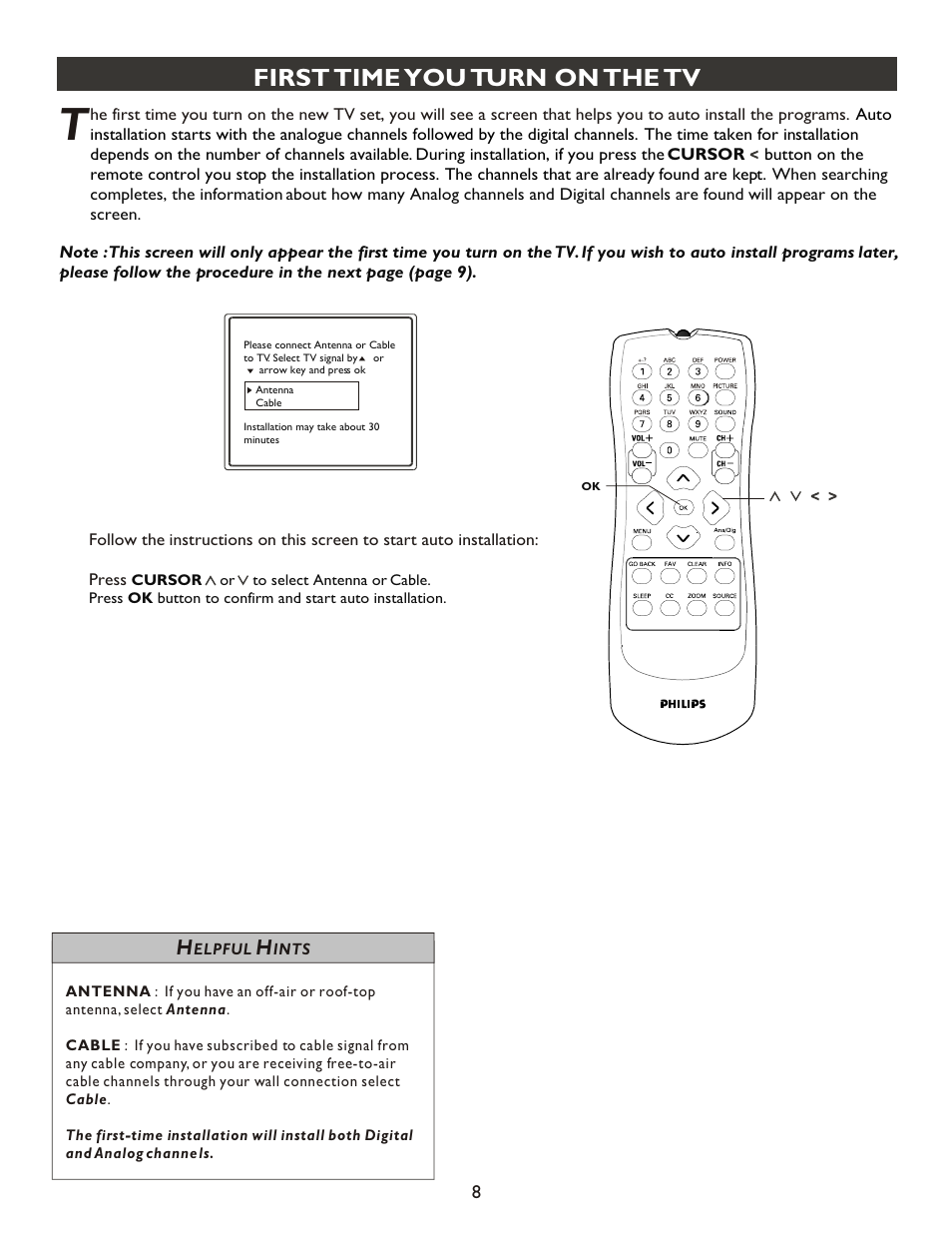 Т³гж 8, First time you turn on the tv | Philips 20PT9007D-17 User Manual | Page 8 / 34