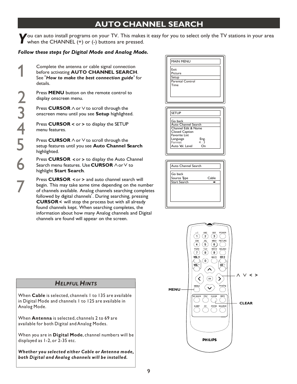 Т³гж 9, Auto channel search | Philips 20PT9007D-17 User Manual | Page 9 / 34