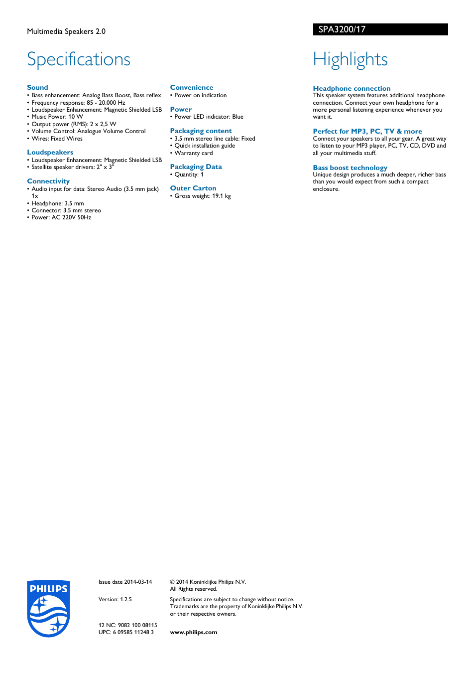 Specifications, Highlights | Philips SPA3200-17 User Manual | Page 2 / 2