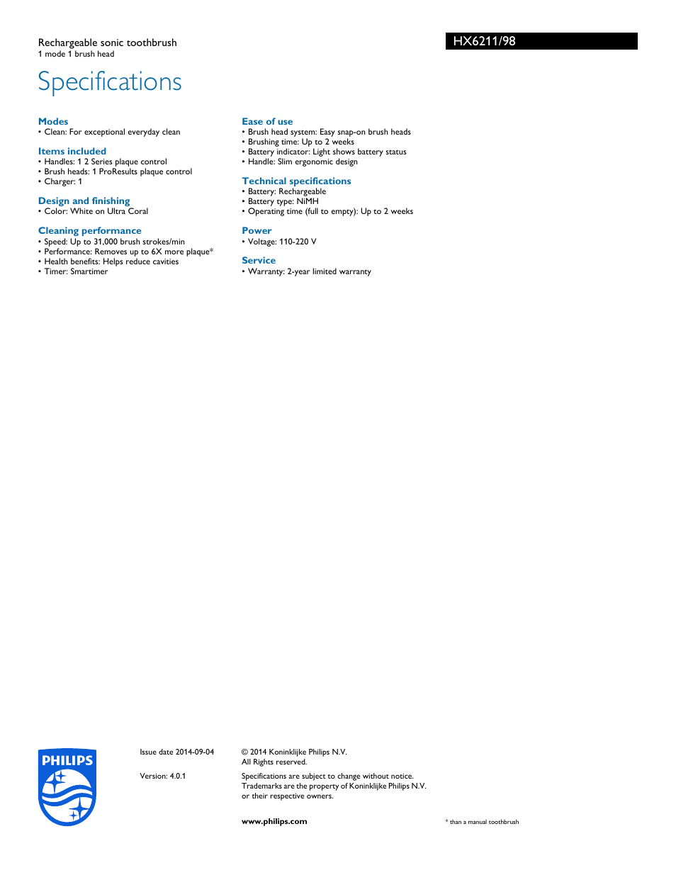 Specifications | Philips HX6211-98 User Manual | Page 3 / 3