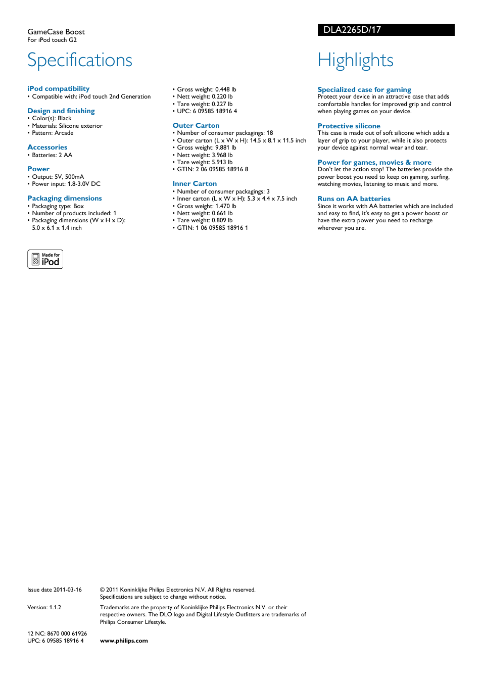 Specifications, Highlights | Philips DLA2265D-17 User Manual | Page 2 / 2