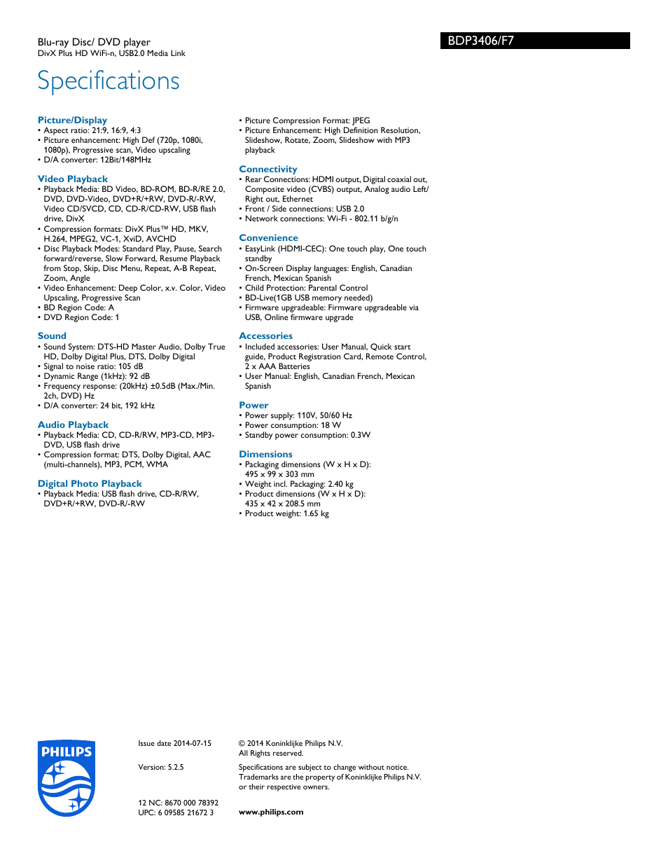 Specifications | Philips BDP3406-F7 User Manual | Page 3 / 3