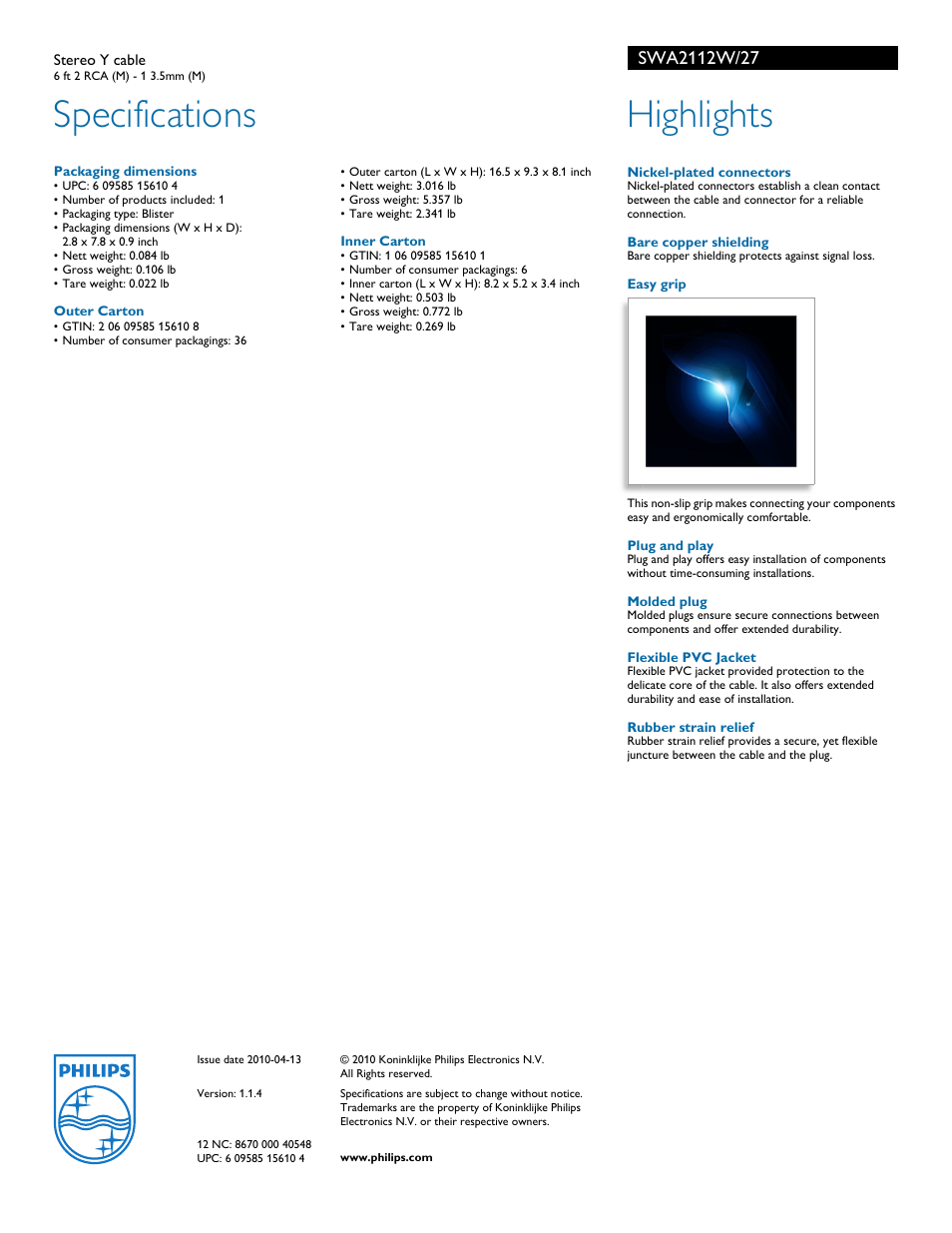 Specifications, Highlights | Philips SWA2112W-27 User Manual | Page 2 / 2