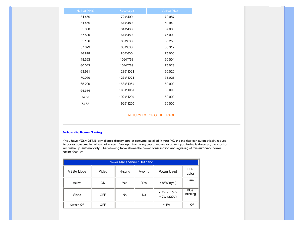 Automatic power saving | Philips 240BW9CB-27 User Manual | Page 35 / 121