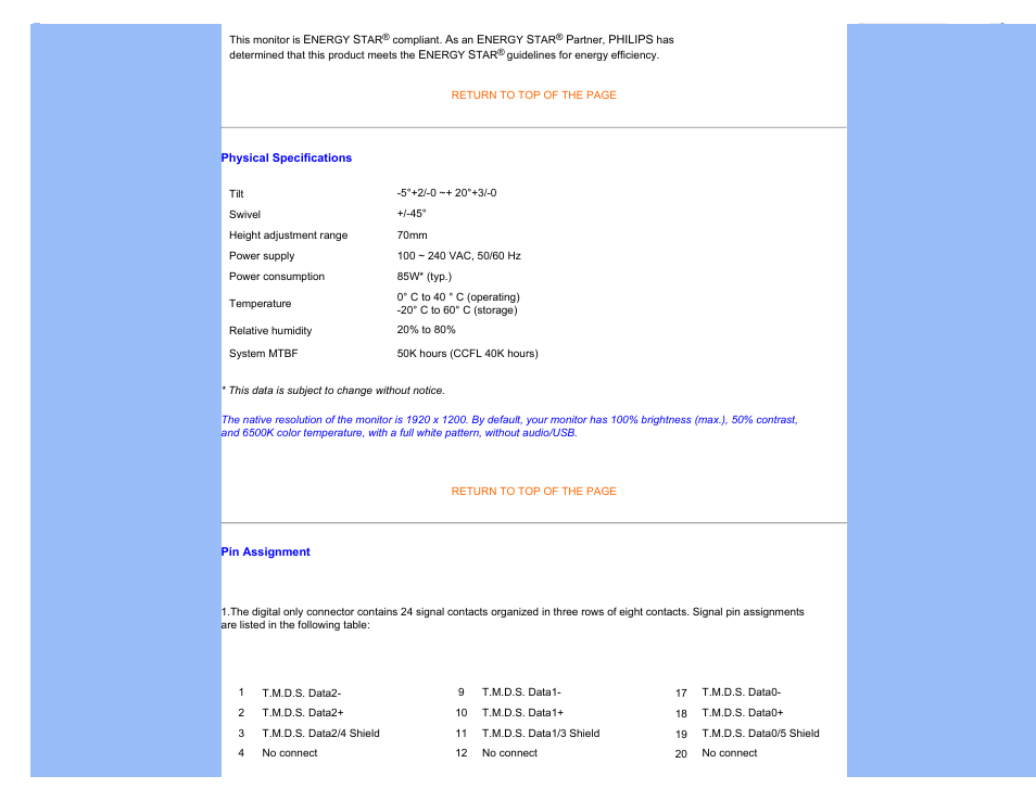 Physical specification | Philips 240BW9CB-27 User Manual | Page 36 / 121