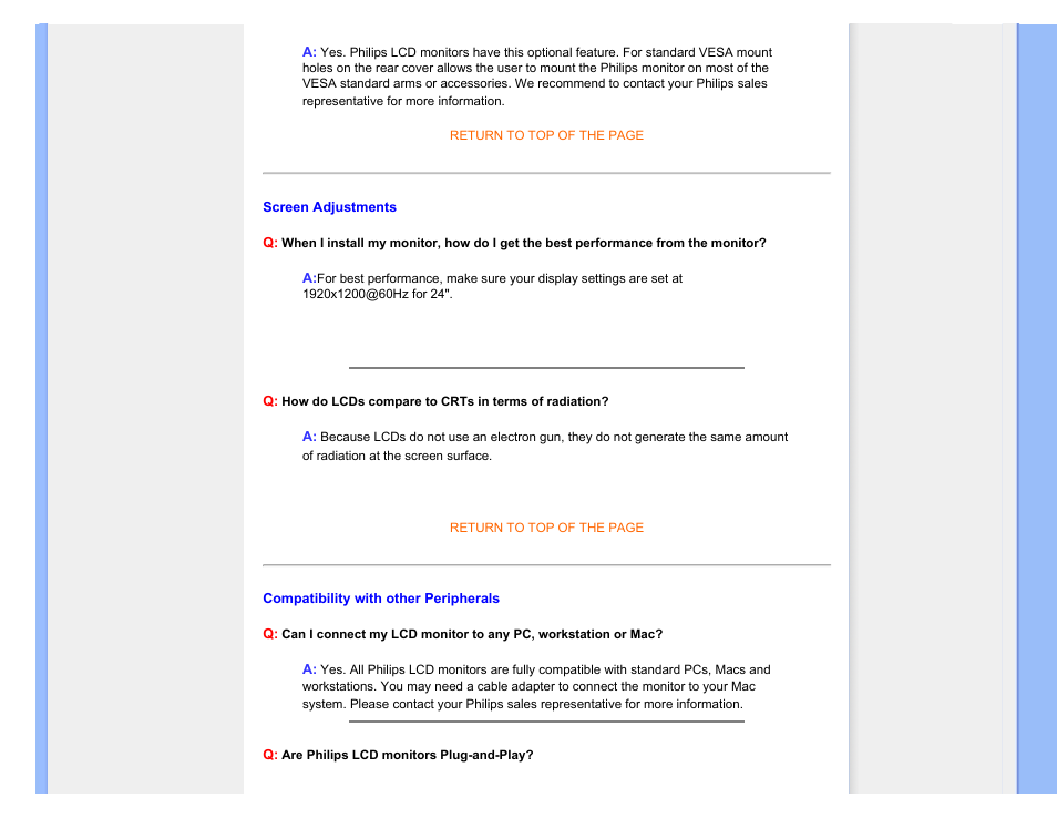 Screen adjustments, Compatibility with other, Peripherals | Philips 240BW9CB-27 User Manual | Page 7 / 121