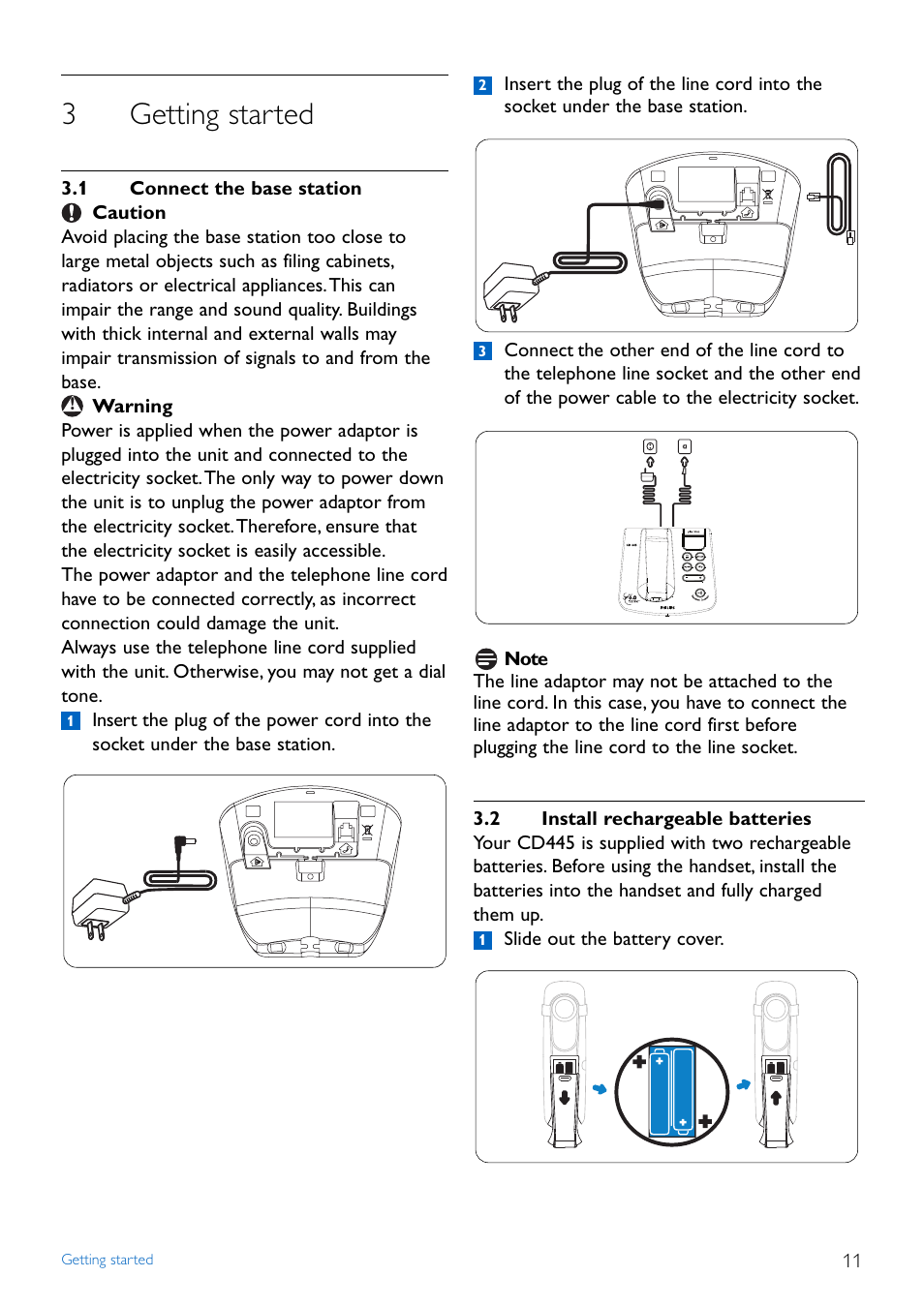 3 getting started, 1 connect the base station, 2 install rechargeable bat | Getting started, Connect the base station, Install rechargeable batteries, 3getting started | Philips TD4454Q-37 User Manual | Page 13 / 46