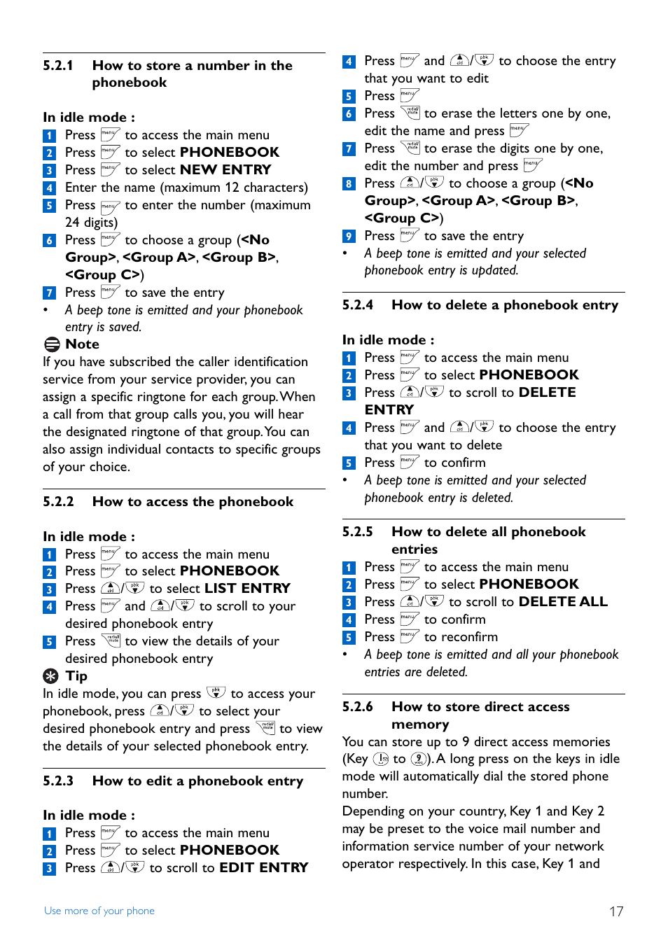 1 how to store a number, 2 how to access the phon, 3 how to edit a phoneboo | 4 how to delete a phoneb, 5 how to delete all phon, 6 how to store direct ac, 1 how to store a number in the, Phonebook, 2 how to access the phonebook, 3 how to edit a phonebook entry | Philips TD4454Q-37 User Manual | Page 19 / 46