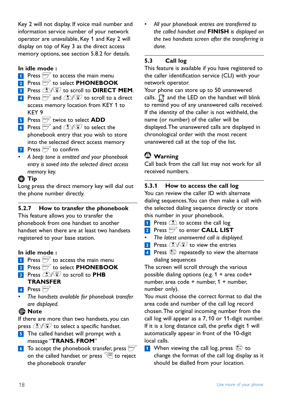 7 how to transfer the ph, 3 call log, 1 how to access the call | 7 how to transfer the phonebook, Call log, 1 how to access the call log | Philips TD4454Q-37 User Manual | Page 20 / 46