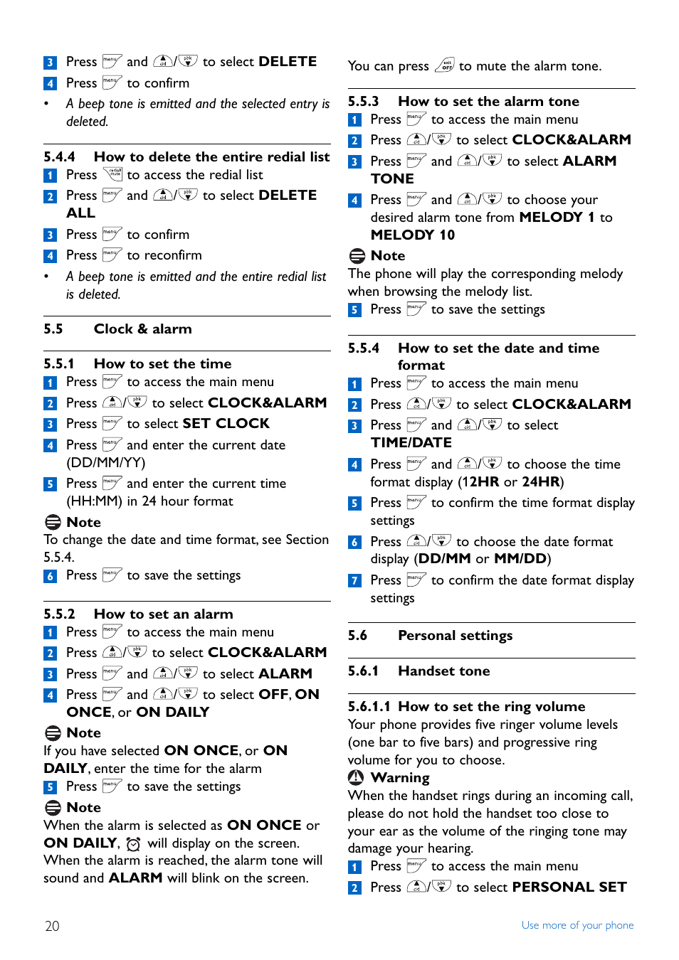 4 how to delete the enti, 5 clock & alarm, 1 how to set the time | 2 how to set an alarm, 3 how to set the alarm tone, 4 how to set the date an, 6 personal settings, 1 handset tone, 4 how to delete the entire redial list, Clock & alarm | Philips TD4454Q-37 User Manual | Page 22 / 46