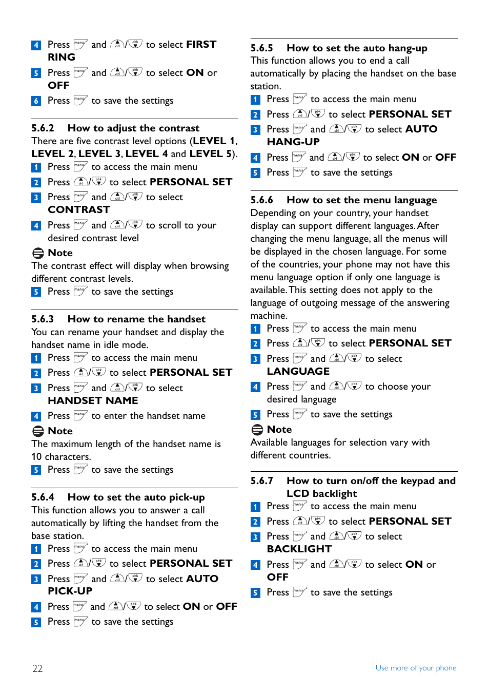 2 how to adjust the cont, 3 how to rename the handset, 4 how to set the auto pi | 5 how to set the auto ha, 6 how to set the menu la, 7 how to turn on/off the, 2 how to adjust the contrast, 4 how to set the auto pick-up, 5 how to set the auto hang-up, 6 how to set the menu language | Philips TD4454Q-37 User Manual | Page 24 / 46
