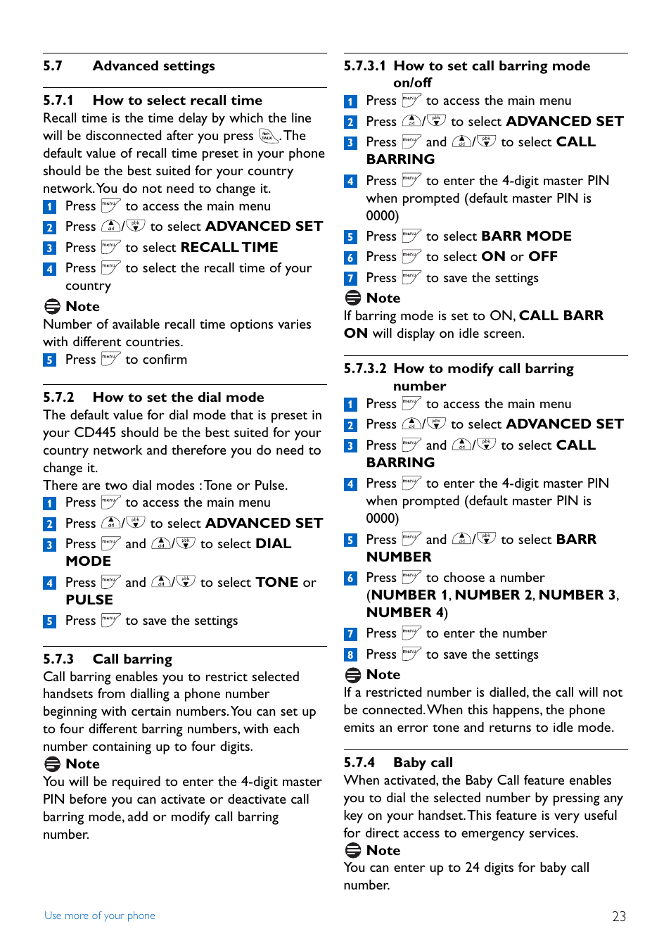 7 advanced settings, 1 how to select recall time, 2 how to set the dial mode | 3 call barring, 4 baby call, Advanced settings | Philips TD4454Q-37 User Manual | Page 25 / 46