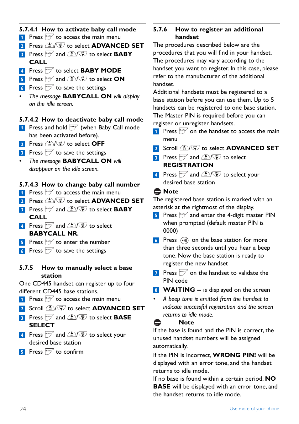 5 how to manually select, 6 how to register an add, 5 how to manually select a base station | 6 how to register an additional handset | Philips TD4454Q-37 User Manual | Page 26 / 46