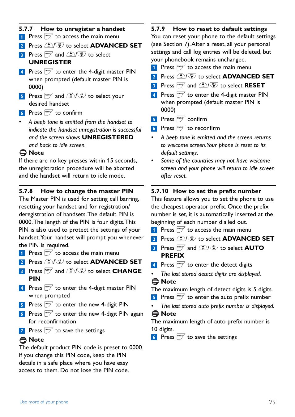 7 how to unregister a ha, 8 how to change the mast, 9 how to reset to defaul | 10 how to set the prefix, 7 how to unregister a handset, 8 how to change the master pin, 9 how to reset to default settings, 10 how to set the prefix number | Philips TD4454Q-37 User Manual | Page 27 / 46