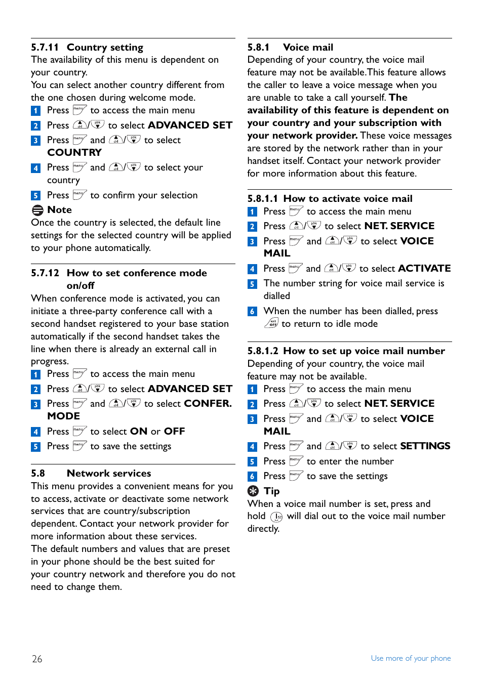 11 country setting, 12 how to set conference, 8 network services | 1 voice mail, 12 how to set conference mode on/off, Network services | Philips TD4454Q-37 User Manual | Page 28 / 46