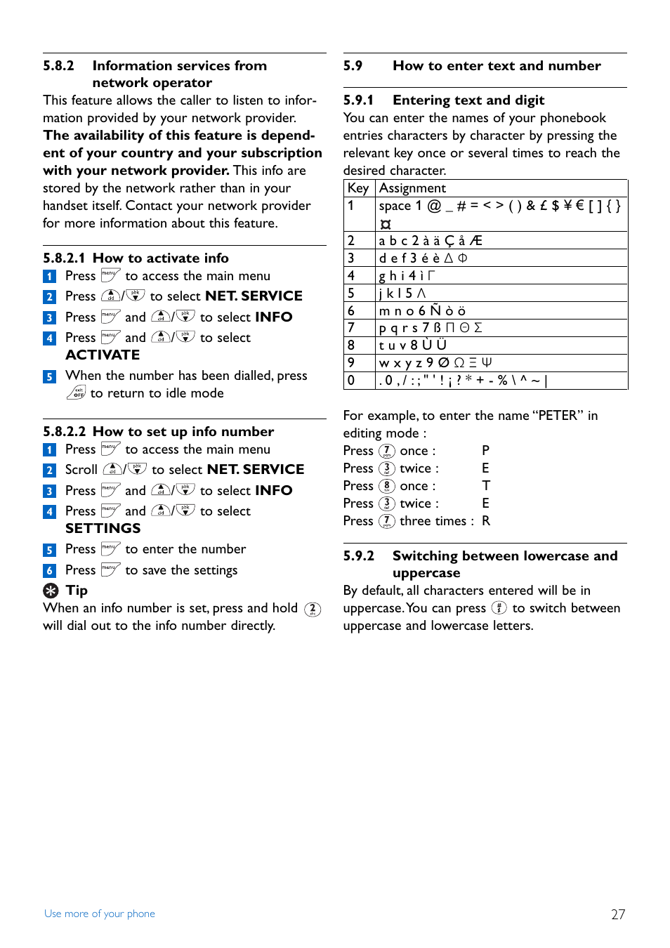 2 information services f, 9 how to enter text and nu, 1 entering text and digit | 2 switching between lowe, 2 information services from network, Operator, How to enter text and number, 2 switching between lowercase and, Uppercase | Philips TD4454Q-37 User Manual | Page 29 / 46