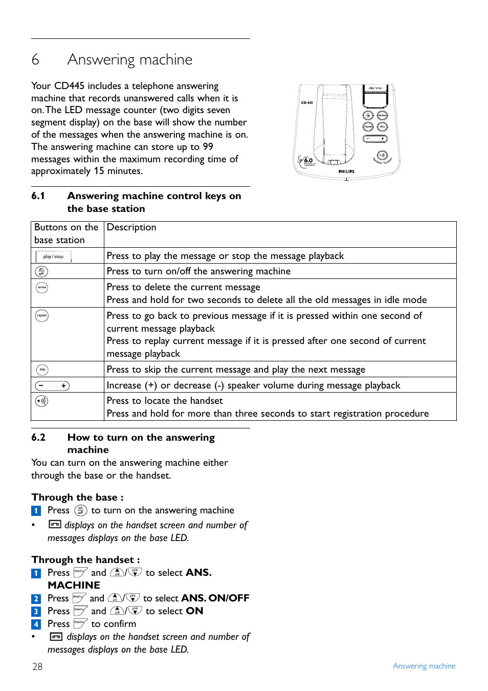 6 answering machine, 1 answering machine contro, 2 how to turn on the answe | Answering machine, Answering machine control keys on the base station, How to turn on the answering machine, 6answering machine | Philips TD4454Q-37 User Manual | Page 30 / 46