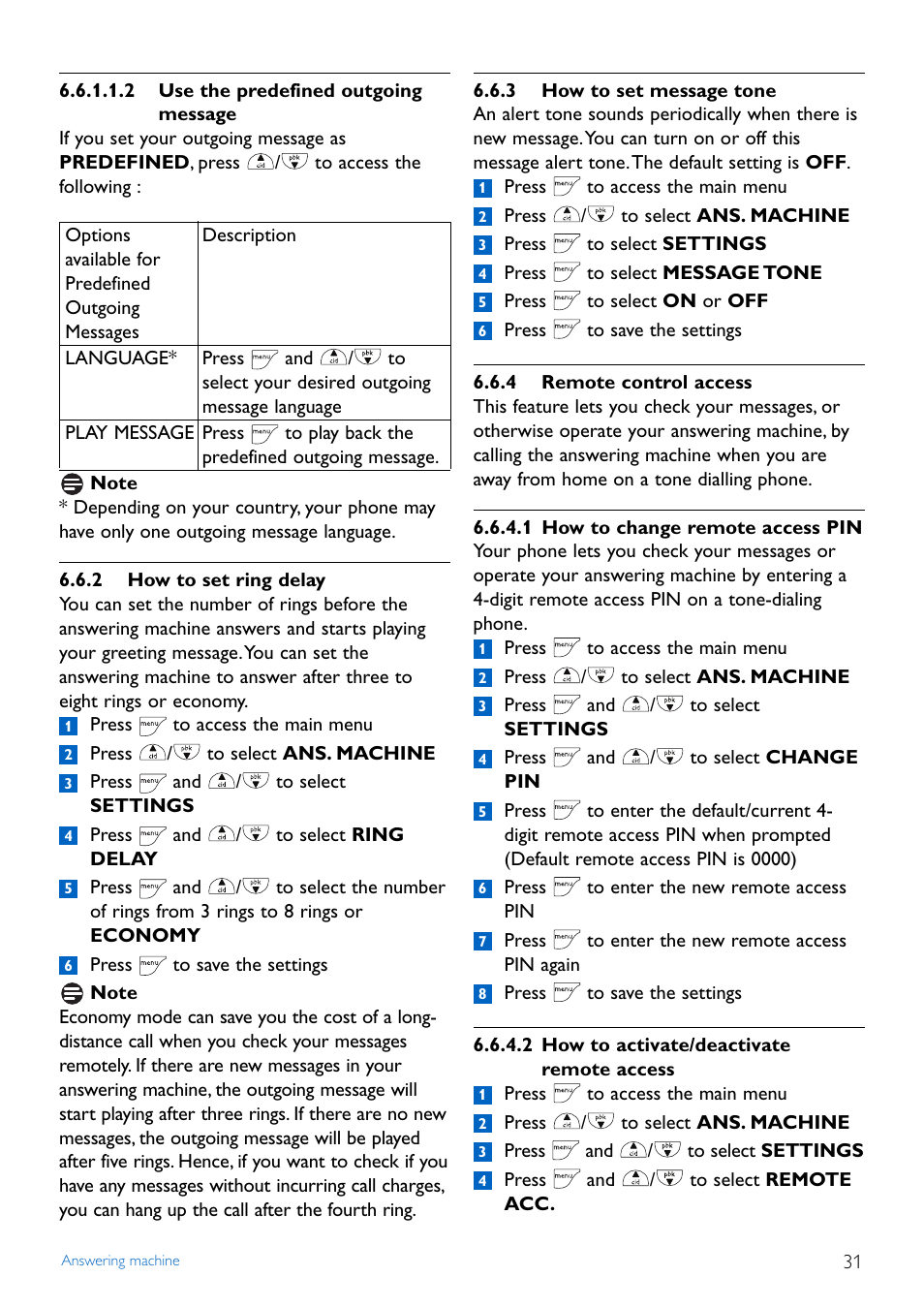 2 how to set ring delay, 3 how to set message tone, 4 remote control access | Philips TD4454Q-37 User Manual | Page 33 / 46