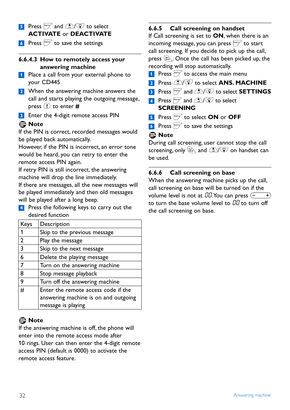 5 call screening on handset, 6 call screening on base | Philips TD4454Q-37 User Manual | Page 34 / 46
