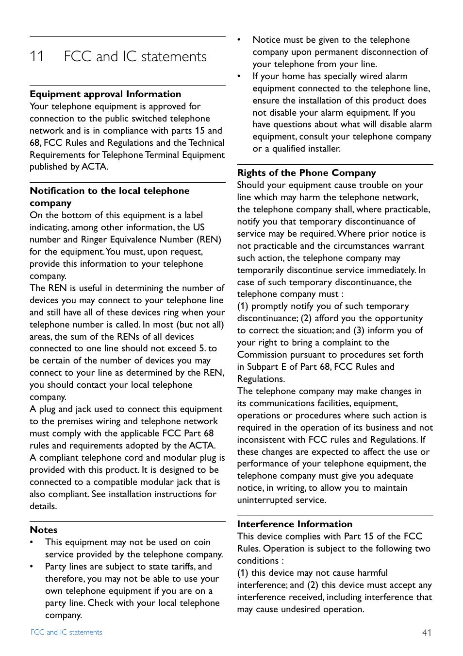 11 fcc and ic statements, Fcc and ic statements, Ormation 41 | Fcc and ic statements 41, Y 41 | Philips TD4454Q-37 User Manual | Page 43 / 46