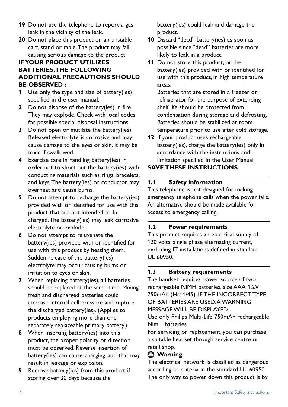 1 safety information, 2 power requirements, 3 battery requirements | Safety information, Power requirements, Battery requirements | Philips TD4454Q-37 User Manual | Page 6 / 46