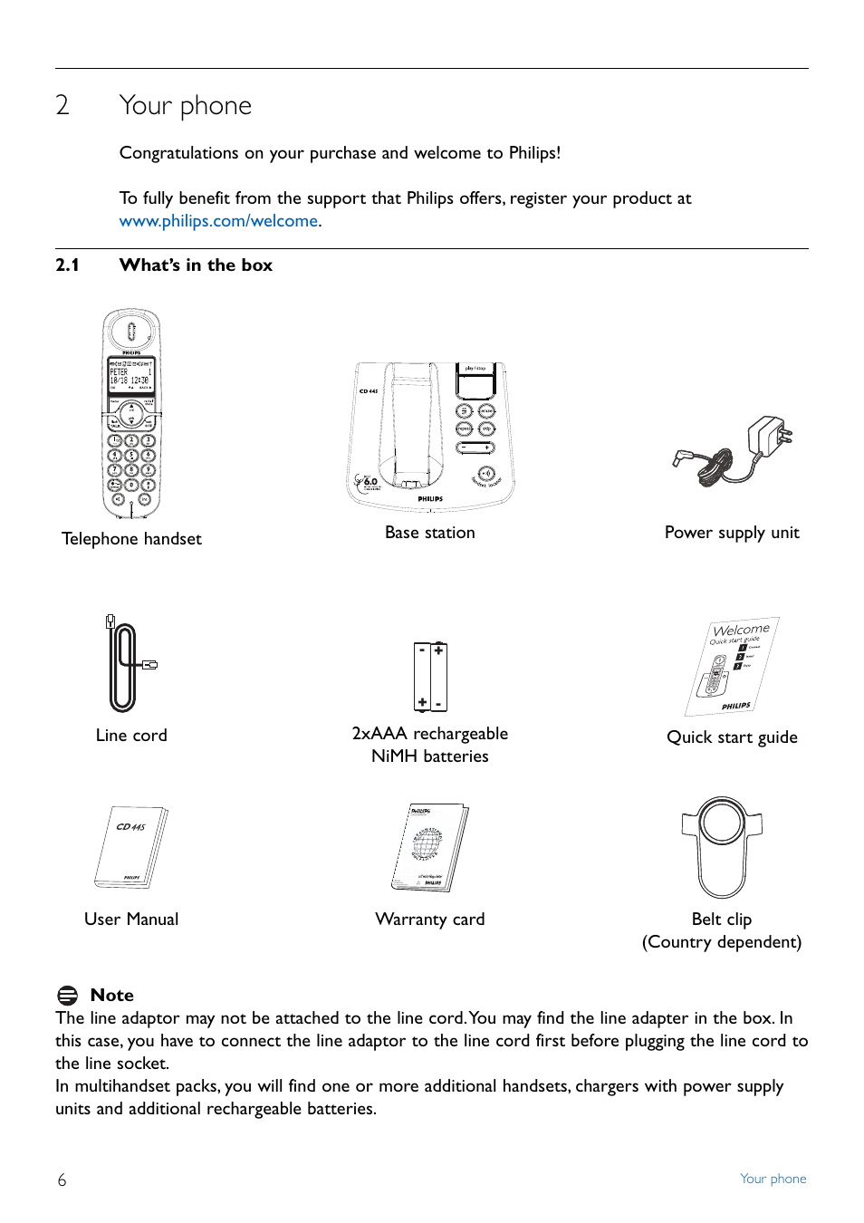 2 your phone, 1 what's in the box, Your phone | What’s in the box, 2your phone | Philips TD4454Q-37 User Manual | Page 8 / 46