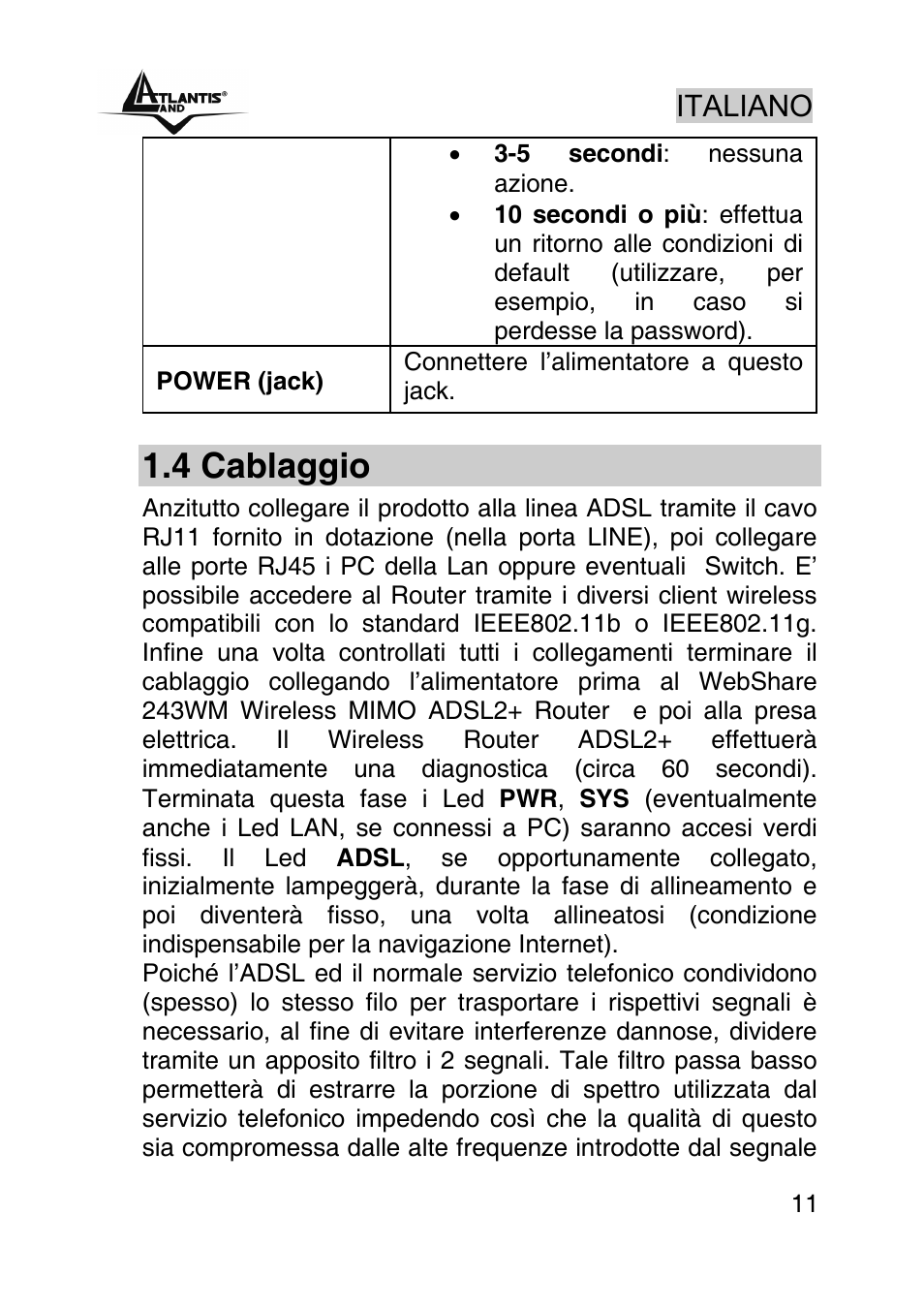 4 cablaggio, Italiano | Atlantis Land WebShare A02-RA243-W54M User Manual | Page 10 / 85