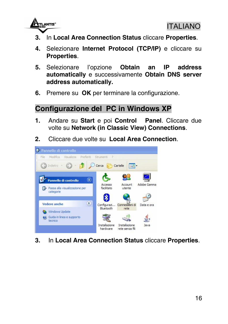 Italiano, Configurazione del pc in windows xp | Atlantis Land WebShare A02-RA243-W54M User Manual | Page 15 / 85