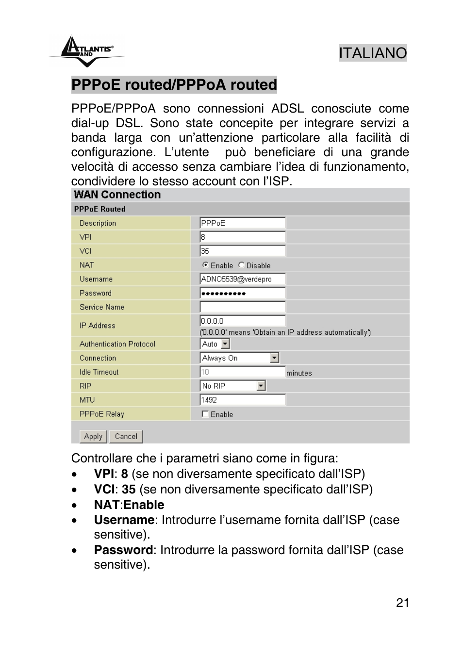 Italiano, Pppoe routed/pppoa routed | Atlantis Land WebShare A02-RA243-W54M User Manual | Page 20 / 85